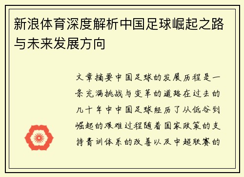 新浪体育深度解析中国足球崛起之路与未来发展方向