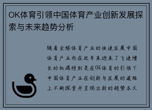 OK体育引领中国体育产业创新发展探索与未来趋势分析