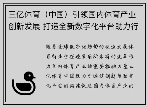 三亿体育（中国）引领国内体育产业创新发展 打造全新数字化平台助力行业升级
